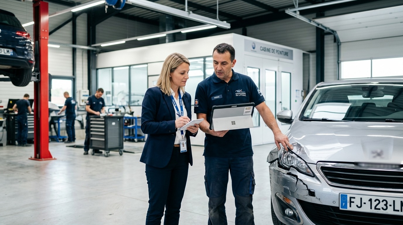 Technicien carrosserie et expert d'assurance collaborant devant une voiture avec Renta Expert sur tablette